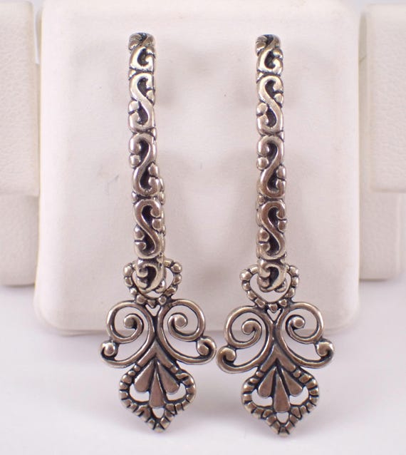 Sterling Silver Vintage Dangle Charm Earrings - Unique Filigree Scroll Half Huggie Hoops