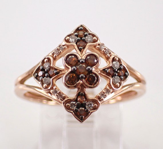 Rose Gold Diamond Cluster Ring, Chocolate Coffee Color Right Hand Band, Unique Fine Jewelry Gift