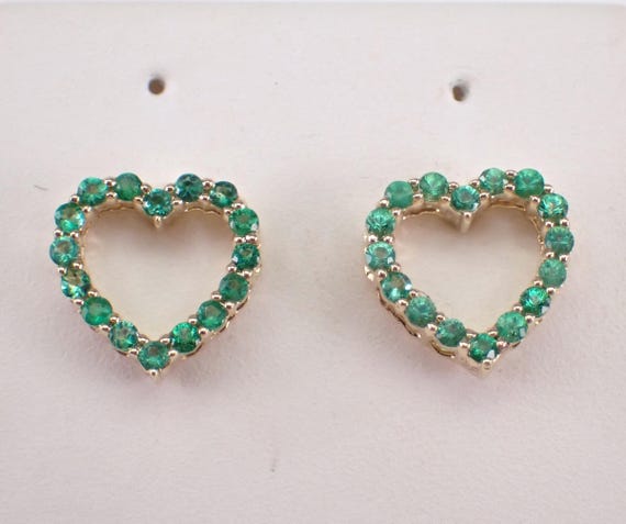 Yellow Gold Emerald Heart Earrings - Dainty Gemstone Screwback Studs - Small Birthday Fine Jewelry Gift