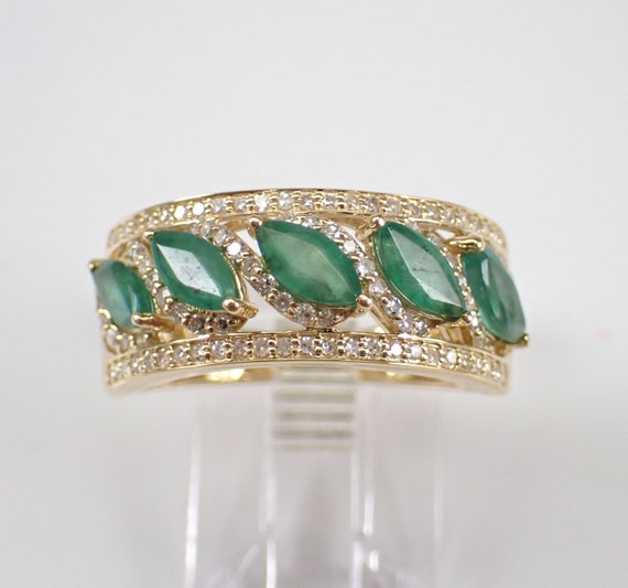 Emerald and Diamond Wedding Ring - 14k Yellow Gold Gemstone Jewelry - Anniversary Birthstone Band