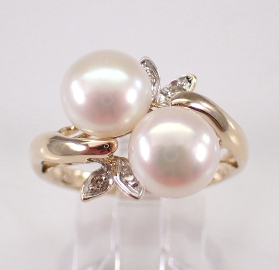 Pearl and Diamond Bypass Ring - 14k Yellow Gold Gemstone Jewelry - June Birthstone Best Friend Gift