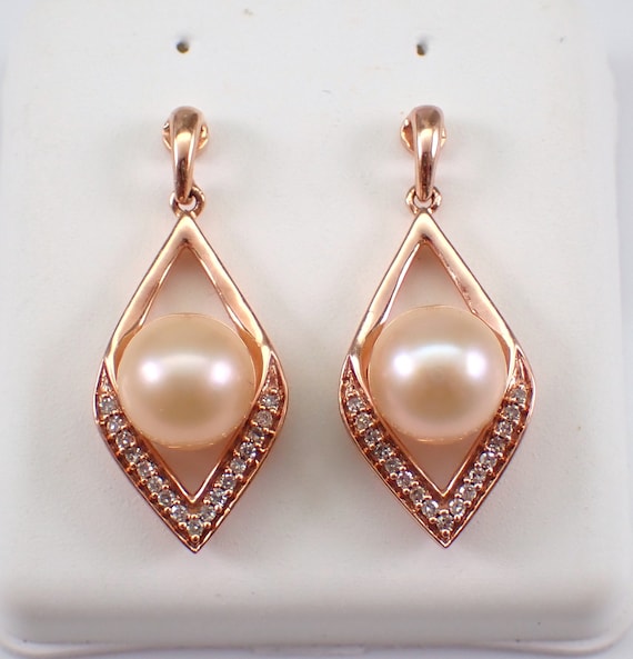 Pearl and Diamond Dangle Earrings - Rose Gold Fine Jewelry Wedding Gift - June Birthstone Gemstone