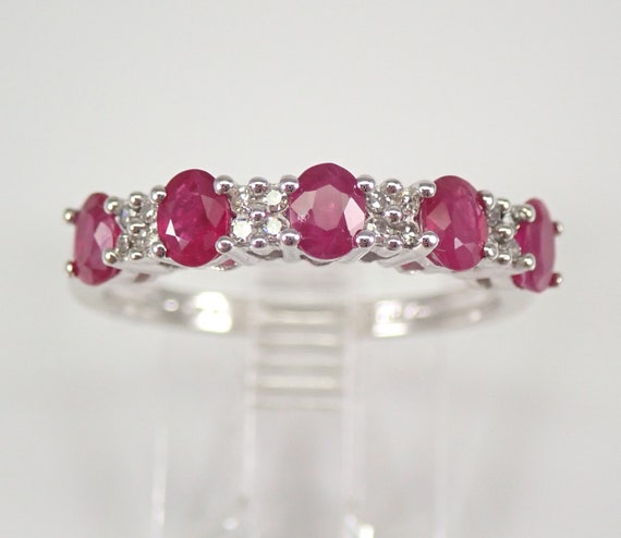 Genuine Ruby Wedding Ring, White Gold Diamond Anniversary Band, Stackable Red Gemstone Jewelry