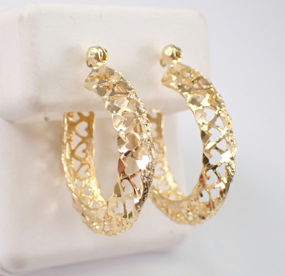 80s Vintage Hoop Earrings - Estate 14K Yellow Gold Heart Hoops for Her - Genuine Fine Jewelry for Her
