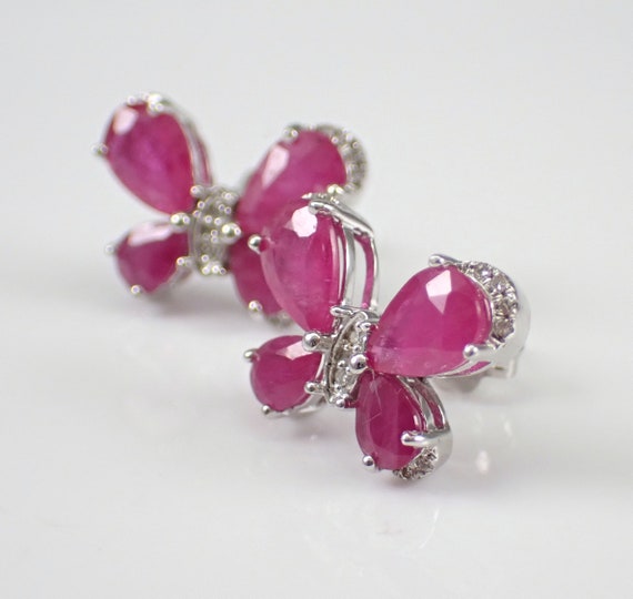 Ruby and Diamond Butterfly Earrings - 14 Karat White Gold Studs - July Birthstone Gemstone Gift