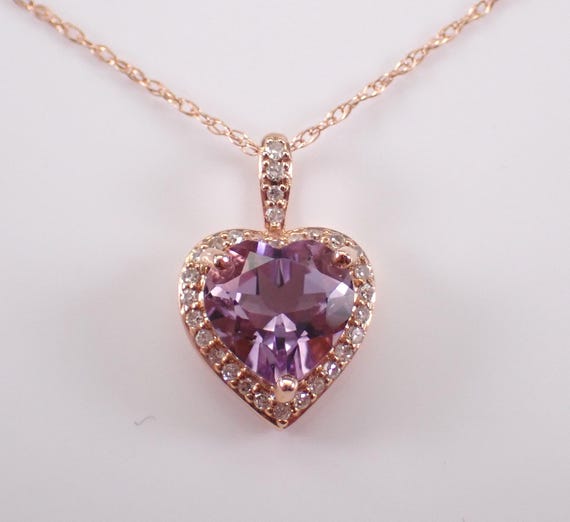 14K Rose Gold Heart Amethyst Necklace - Diamond Halo Charm Pendant and Chain - Dainty Gemstone Jewelry Gift