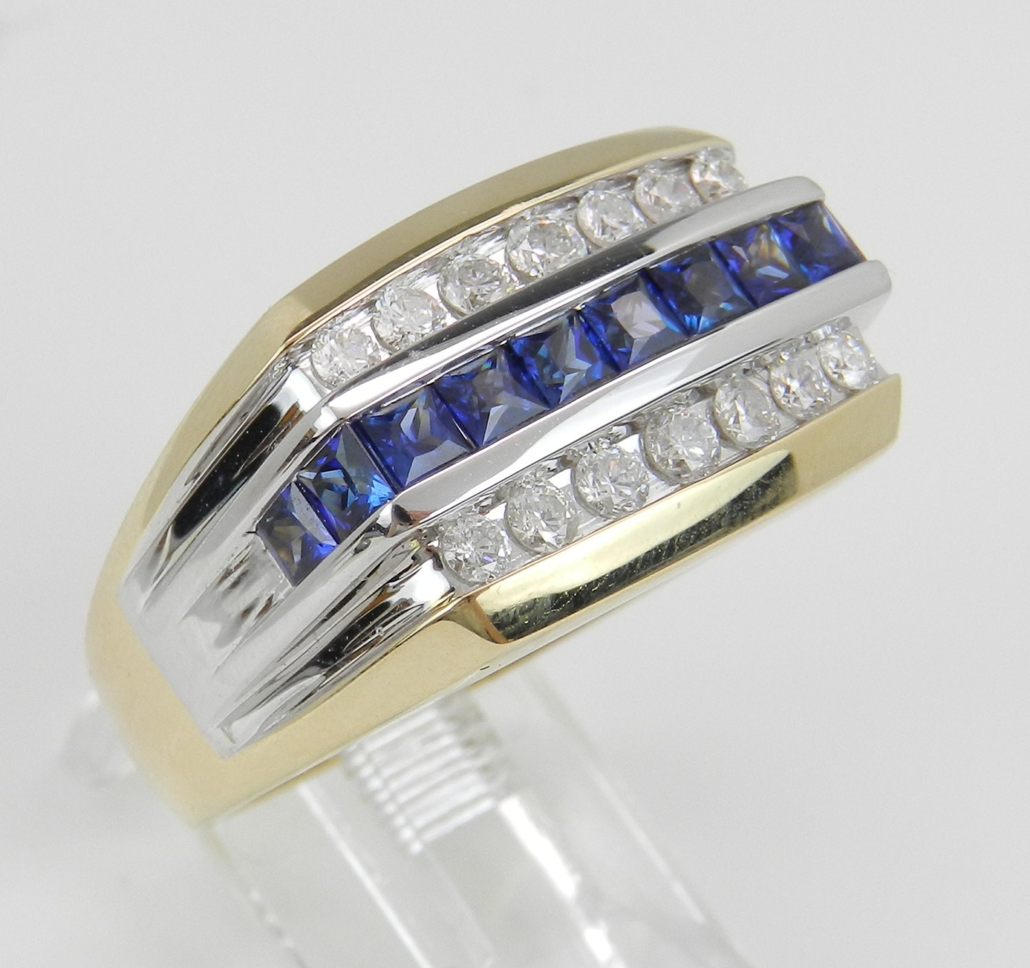 14K White Yellow Gold Mens Diamond and Sapphire Wedding