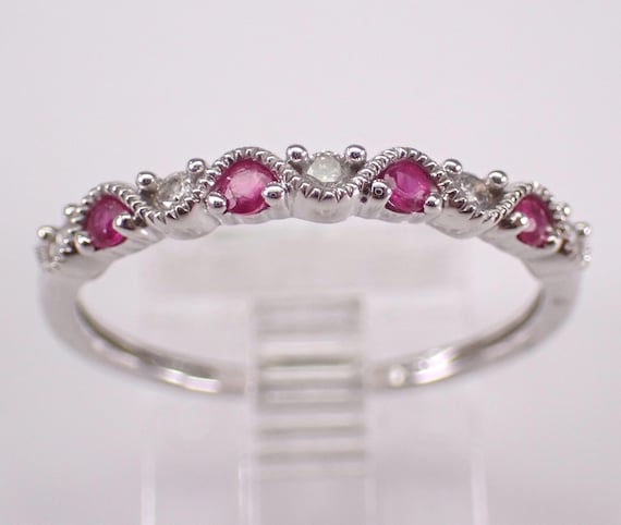 White Gold Ruby and Diamond Wedding Ring: Stackable Dainty Anniversary Band - Gemstone Bridal Fine Jewelry Gift