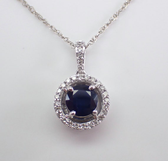 Dainty Sapphire and Diamond Necklace - White Gold Halo Pendant Setting - Birthstone Gemstone Fine Jewelry Gift