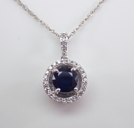 Sapphire and Diamond Necklace - White Gold Halo Pendant Setting - Birthstone Gemstone Fine Jewelry Gift
