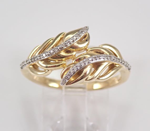 Vintage Solid Yellow Gold Diamond Ring, Vintage Bypass Leaf Band, Estate Fine Jewelry Gift