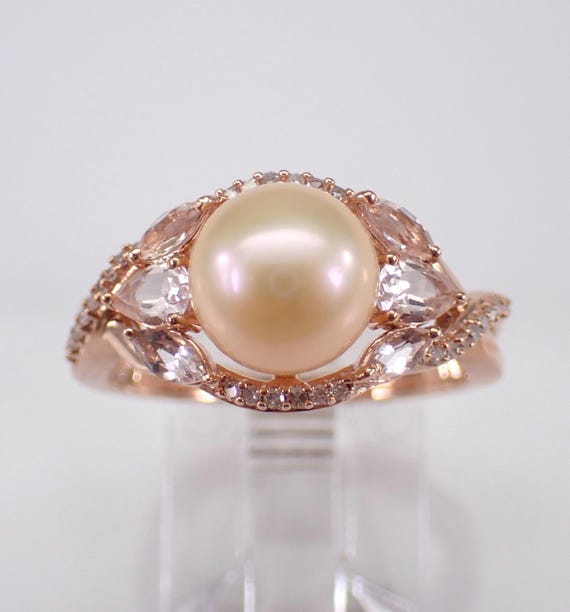 Pearl and Pink Morganite Ring - Rose Gold Diamond Setting - Cream Colored Pearl - GalaxyGems Gemstone Fine Jewelry Gift