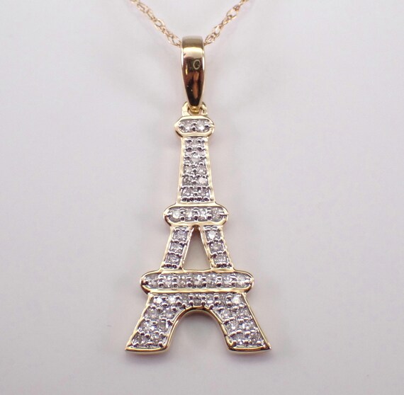 Diamond Eiffel Tower Pendant and Chain, Yellow Gold Choker Charm Necklace, Symbolic Jewelry Gift