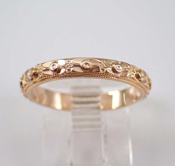 Vintage Solid 14k Gold Wedding Ring - Unique Etched Flower Stacking Anniversary Band - Estate Bridal Fine Jewelry