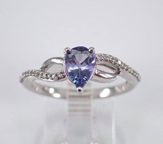 Teardrop Tanzanite and Diamond Ring - White Gold Dainty Bridal Setting - December Birthstone Fine Jewelry Gift