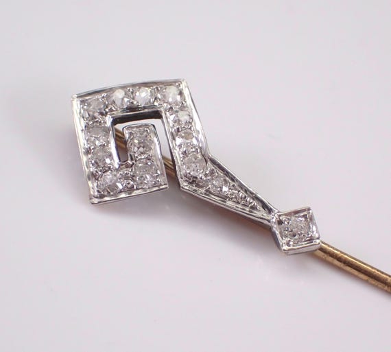 Art Deco 14K Gold Old Miner Diamond Stick Pin - Antique Two Tone Question Mark Brooch - Dainty Victorian Lapel Jewelry