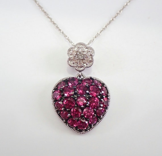 14K White Gold Garnet Heart Necklace, Diamond Cluster Flower Pendant and Chain, Bridal Anniversary Jewelry Gift
