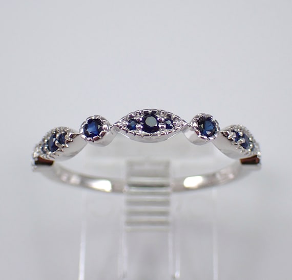 Genuine Sapphire Wedding Ring, Solid White Gold Stacking Anniversary Band, September Gemstone Gift for Women