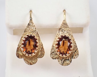 Vintage 14K Yellow Gold Citrine Earrings - Antique Gemstone Drops - November Birthstone Jewelry Gift