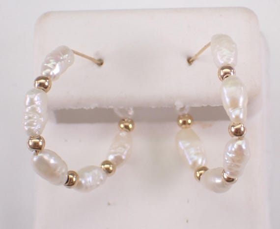 Vintage 14K Yellow Gold Pearl Hoop Earrings: Unique Gemstone Huggie Hoops