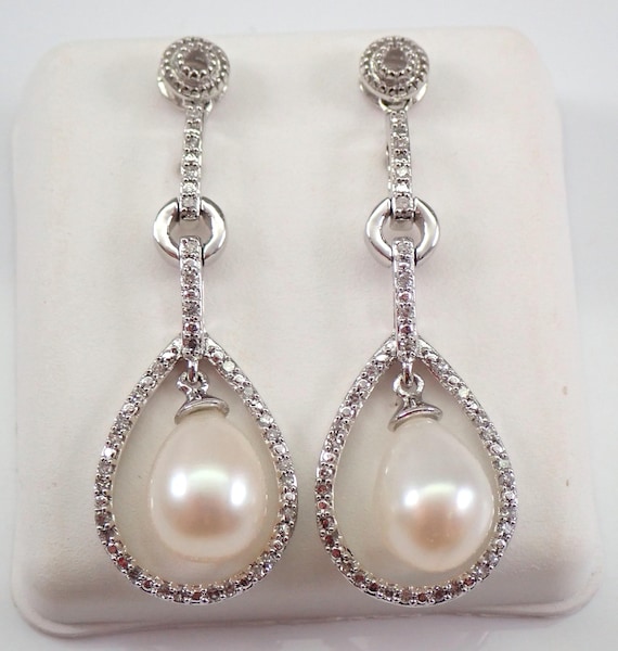 Pearl and Diamond Dangle Teardrop Earrings - 14K White Gold Fine Jewelry Wedding Gift - June Birthstone Gemstone