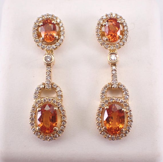 14K Yellow Gold Citrine and Diamond Earrings: Teardrop Dangle Gemstone Drops