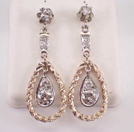 Vintage 14K White and Yellow Gold Diamond Dangle Earrings: Unique Antique Two Toned Teardrop Chandelier Design