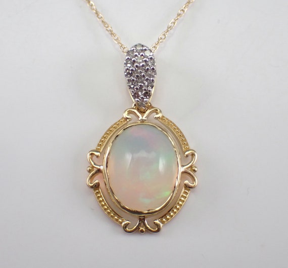 Opal and Diamond Pendant and Chain - Solid Yellow Gold Choker Necklace - October Gemstone Jewelry Gift