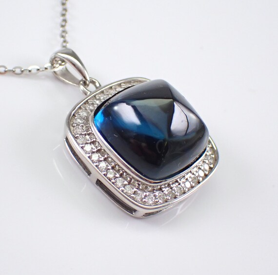14K White Gold Blue Topaz Charm Necklace - Square Diamond Halo Pendant and Chain - December Birthstone Fine Jewelry Gift