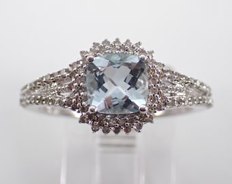 Aquamarine and Diamond Engagement Ring - Dainty White Gold Halo Setting - Aqua Marine March Gemstone Jewelry Gift