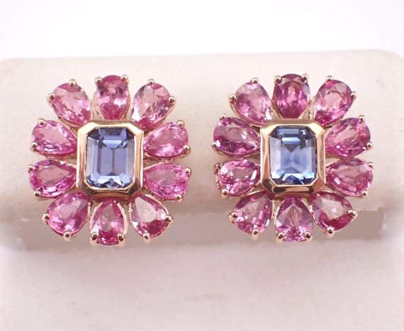 Tanzanite and Pink Sapphire Stud Earrings - 14K Rose Gold Gemstone Screwback Studs