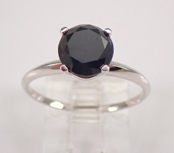 14K White Gold Black Diamond Engagement Ring, Dainty Solitaire Bridal Setting, GalaxyGems Handmade Jewelry Gift