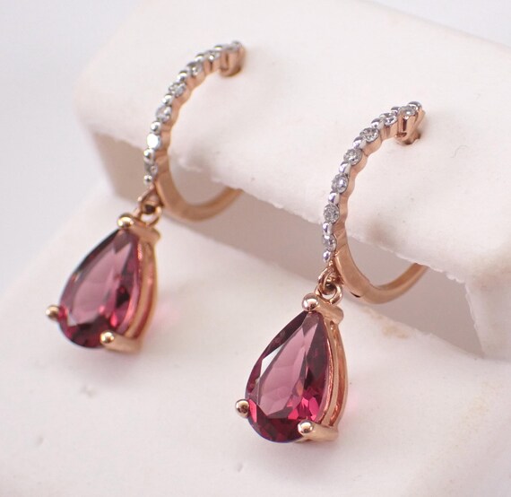 Garnet and Diamond Dangle Earrings - Rose Gold Dainty Teardrop Gemstone Drops