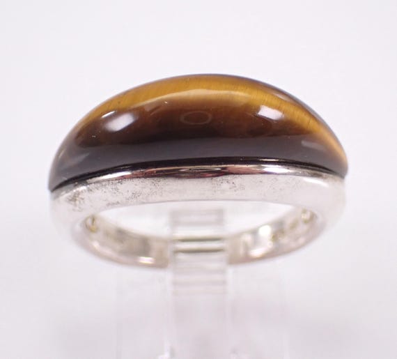 Sterling Silver Tigers Eye Wedding Band, Antique Vintage Stackable Dome Ring, Unique Anniversary Jewelry Gift