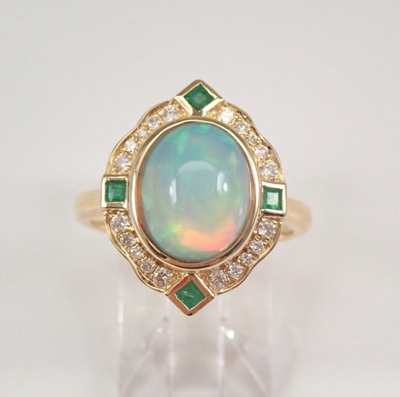 14K Yellow Gold Opal Ring - Diamond and Emerald Halo Setting - Unique Gemstone Engagement Jewelry Gift