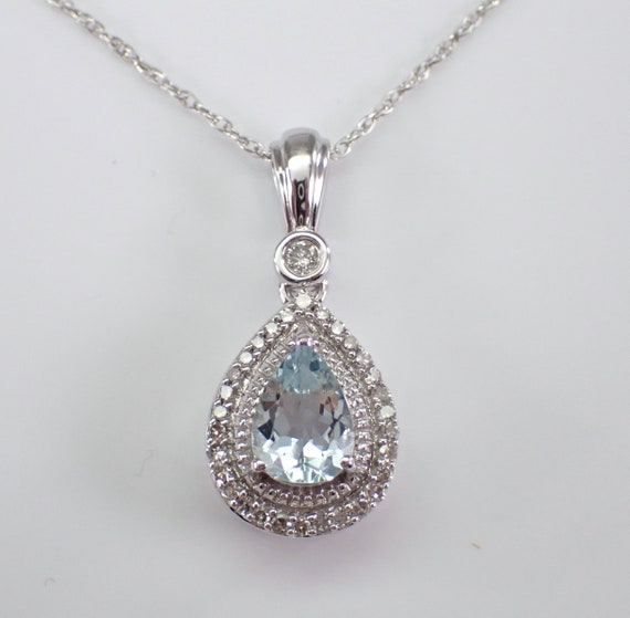 Aquamarine and Diamond Pendant and Chain - White Gold Teardrop Choker Necklace - March Aqua Birthstone Jewelry Gift