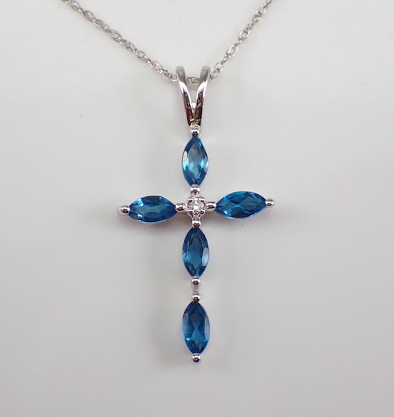 Blue Topaz and Diamond Cross Pendant - White Gold Necklace and Thin Chain - Unique Religious Charm Choker Jewelry