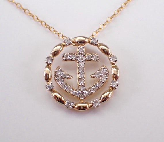 Diamond Anchor Charm Necklace, 14K Yellow Gold Circle of Life Pendant and Chain, Unique Fine Jewelry Gift