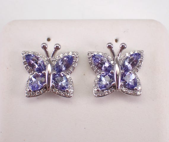 White Gold Tanzanite Butterfly Earrings - Unique Diamond Butter Fly Studs - GalaxyGems Gemstone Fine Jewelry Gift