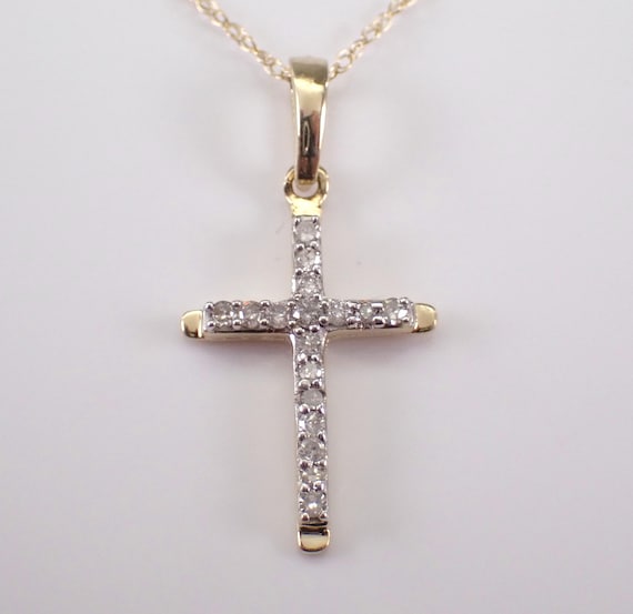 Diamond Cross Charm Pendant - Solid Yellow Gold Necklace and Chain - Small Dainty Religious Jewelry Drop Gift