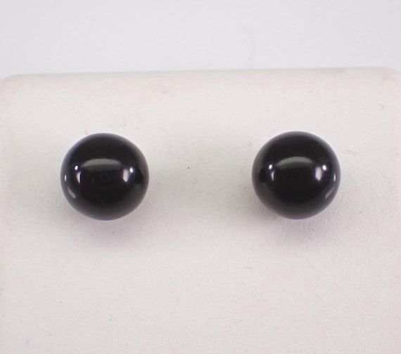 14K Yellow Gold Black Onyx Stud Earrings, Vintage Estate Bead Studs