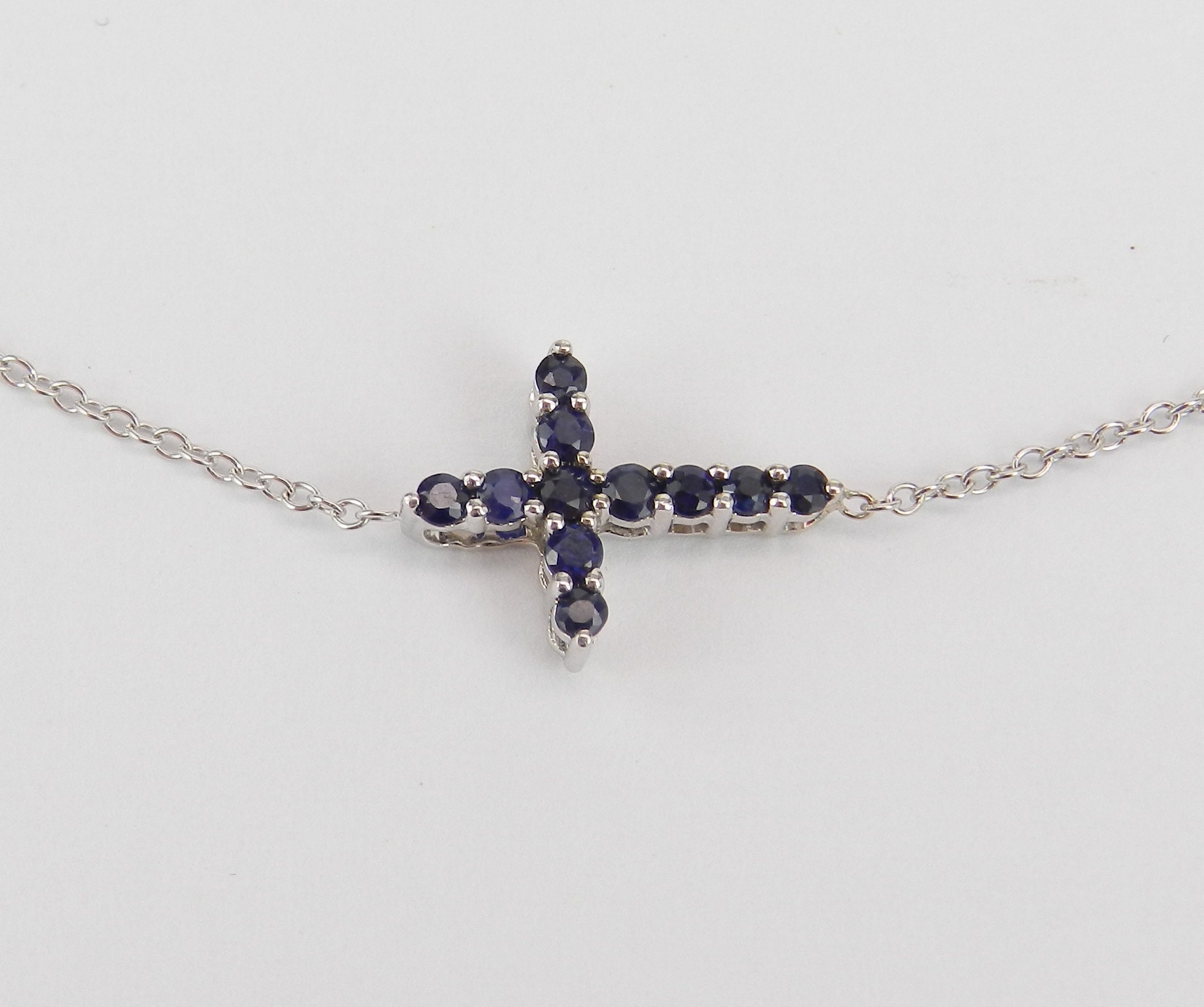 Sapphire Sideways CROSS Pendant Necklace White Gold 18 Chain Religious