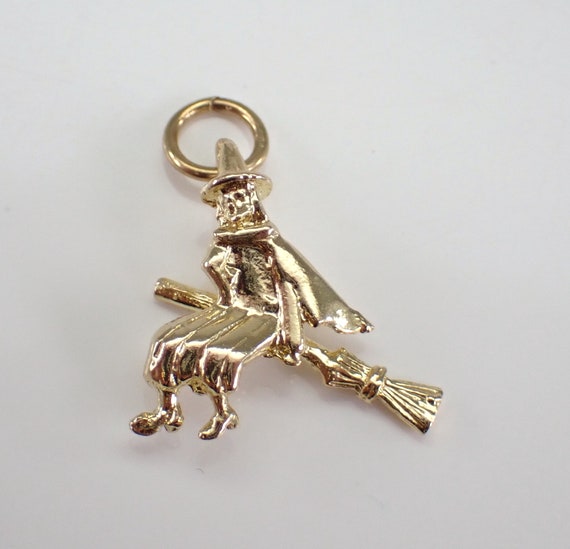 Vintage Yellow Gold Witch Charm - Flying Hag on a Broom Pendant - GalaxyGems Unique Gift for Necklace or Bracelet