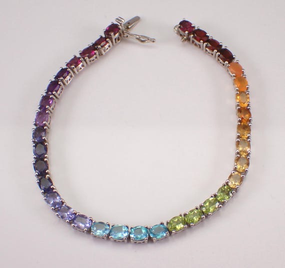 Vintage Sterling Silver Tennis Bracelet - Multi Color Gemstone Link - Unique Topaz Peridot Amethyst Garnet Citrine Jewelry Gift