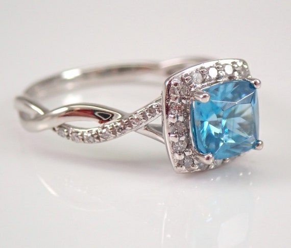 Cushion Cut Blue Zircon Ring, Solid White Gold Teal Gemstone Engagement Ring, Diamond Halo Bridal Setting, Unique Fine Jewelry