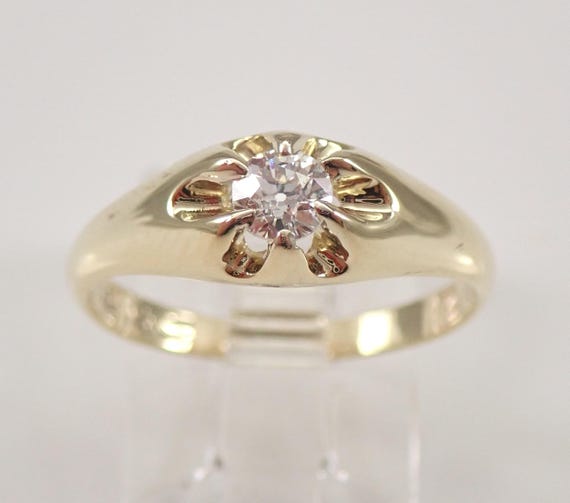 Antique Yellow Gold Diamond Pinky Ring - Mens Vintage Engagement Solitaire - Unique Wedding Anniversary Band