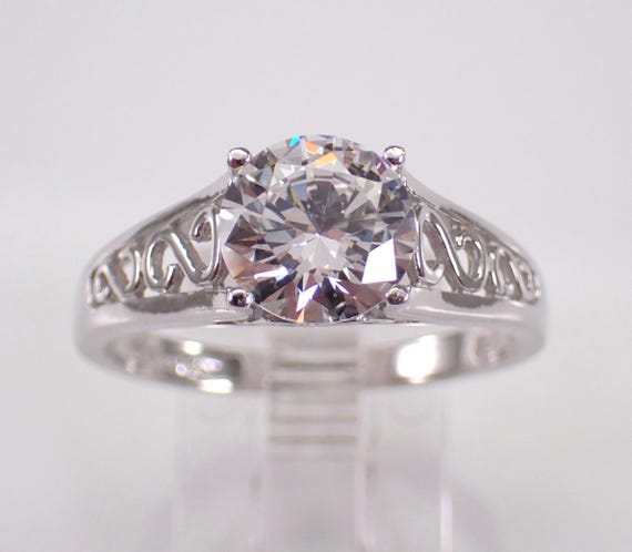 14K White Gold Cubic Zirconia Engagement Ring, Bridal Promise CZ Solitaire Band, Vintage Estate Jewelry Gift