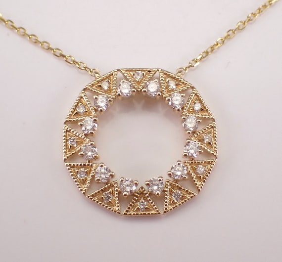 14K Yellow Gold Diamond Necklace - Station Circle of Life Charm Pendant and Chain - Dainty Bridal Fine Jewelry Gift