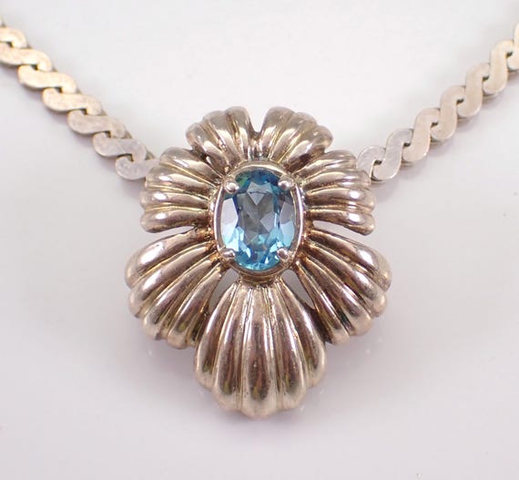 Vintage Sterling Silver Blue Topaz Necklace, Unique Large Flower Slide Charm Pendant Chain, Estate Everyday Choker Jewelry Gift