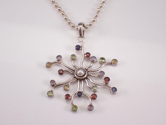 Vintage Multi Color Gemstone Necklace - Sterling Silver Large Charm Pendant and Chain - Garnet Peridot Citrine Amethyst Pearl Gems